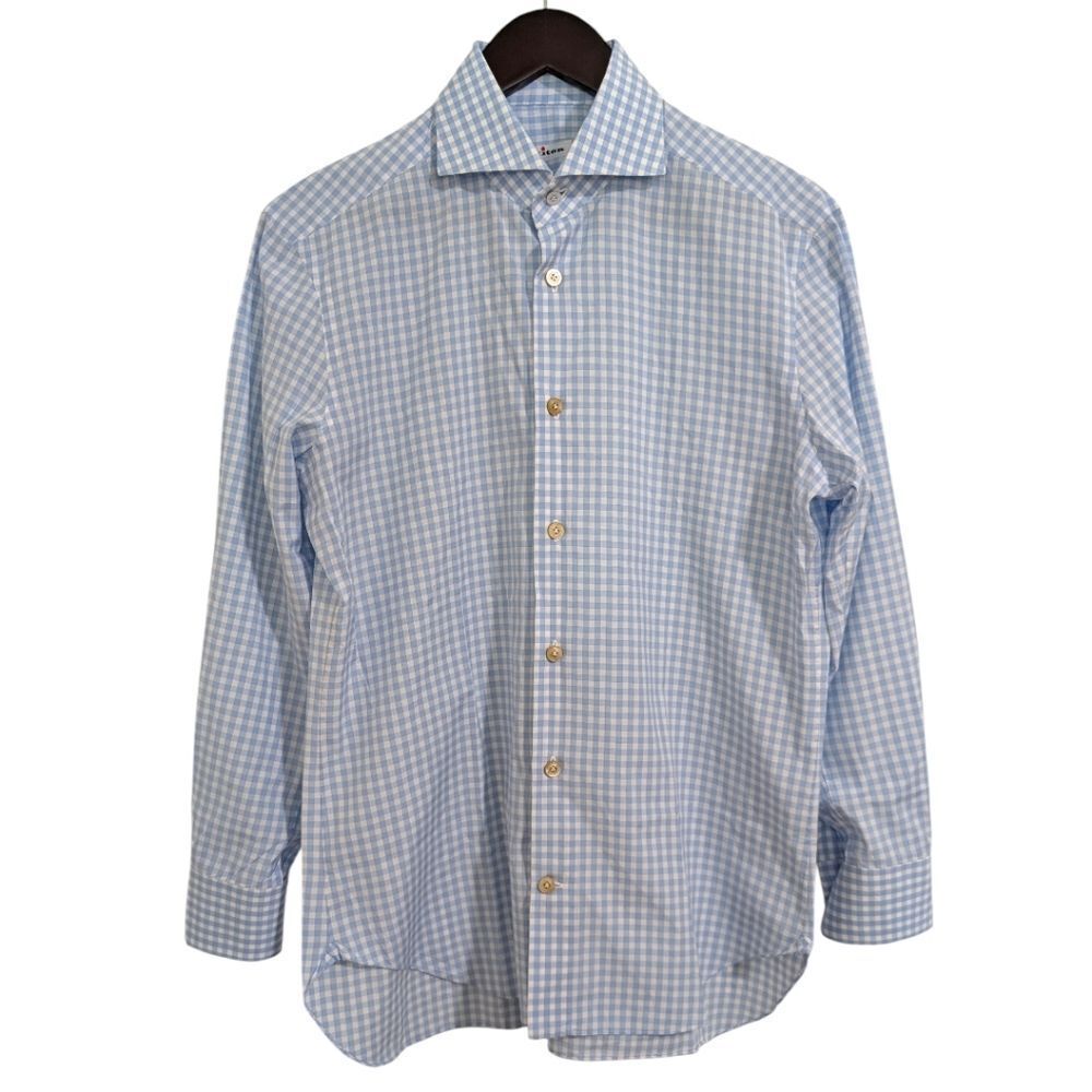 Kiton Napoli Men’s Dress Shirt 15.5 Blue White Gingham Check 100% Cotton Luxury